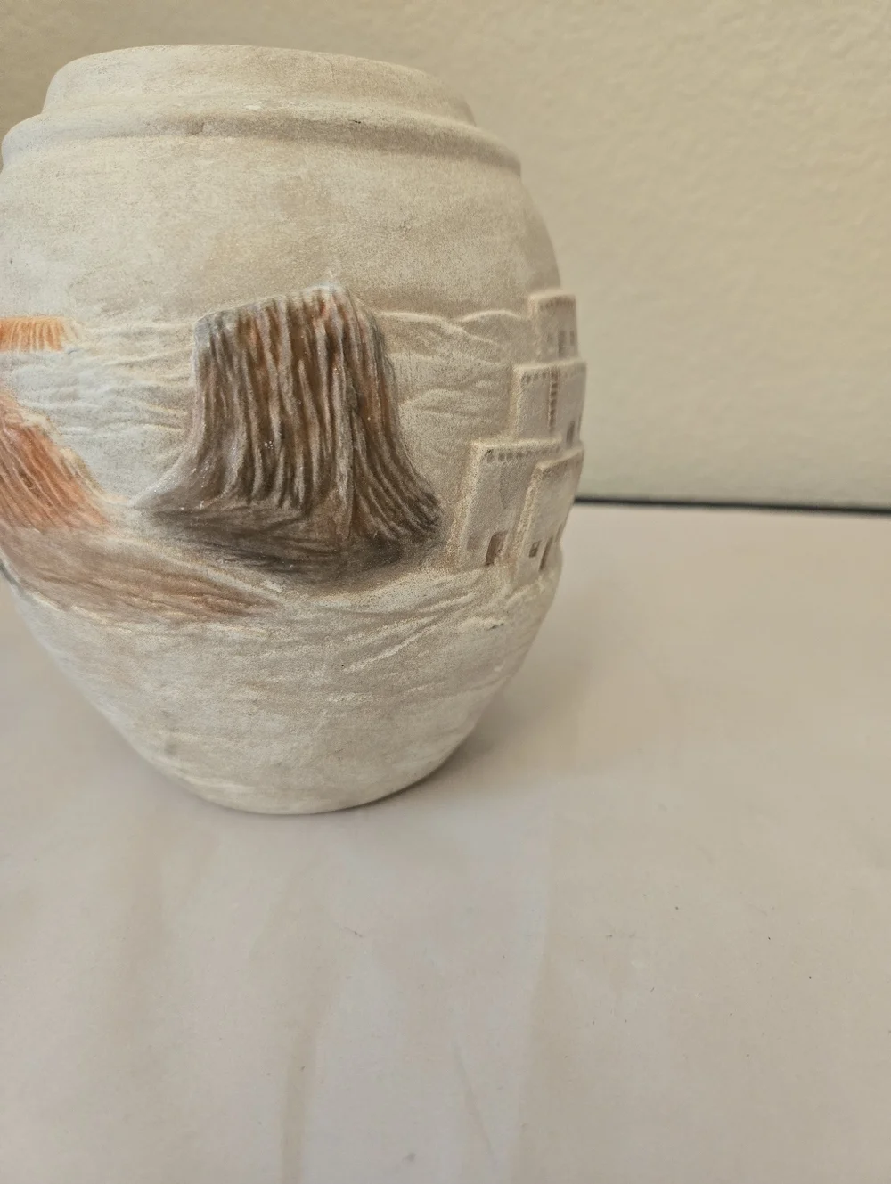 Southwestern Ceramic Vase Carved Pueblo Village Landscape Scene Matte Texture